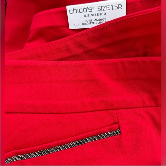 Chico’s 1.5R (10) Pants Brigitte Beaded Detail Ankle Pants Red black bling NWT - Picture 11 of 16
